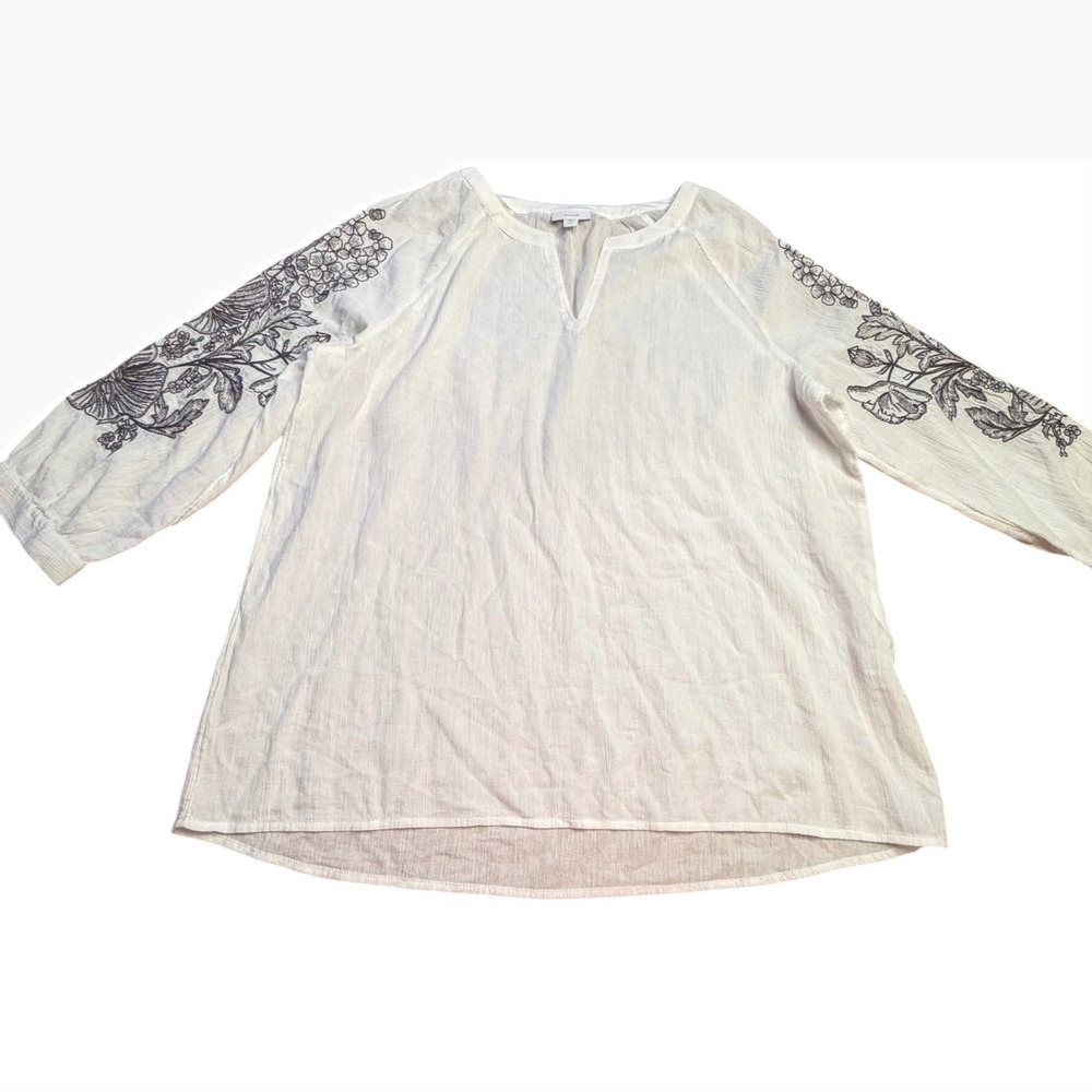 Pure Jill Lightweight Cotton Embroidered V-Neck Tunic Top Size Large Tall Boho